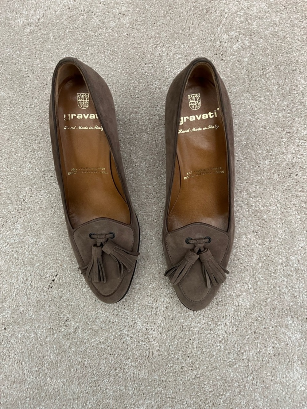 Gravanti taupe Suede Tassel Loafers for Women. Handmade in Italy NEW